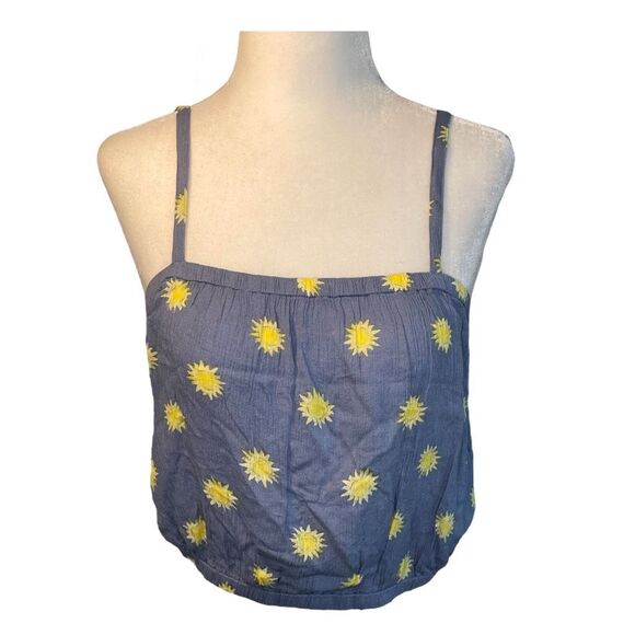 BP Summer Breeze Sun Print Top Blue Yellow Chambray Cropped Halter M - Picture 2 of 7